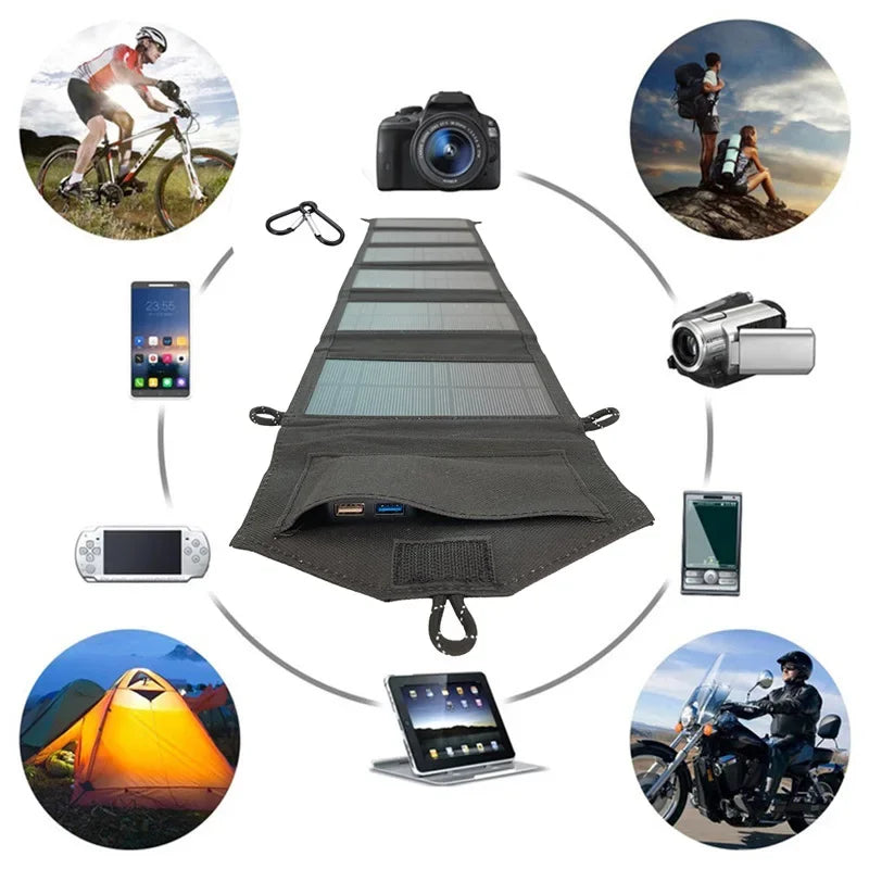 SunVolt Solar Panel unfolded black foldable charger with USB ports surrounded by devices and outdoor activities by HighPeak