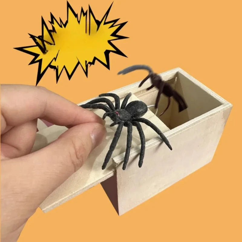 HighPeak Wooden Spider Prank Box with spring-loaded black spider jumping out of natural wood sliding lid box prank toy