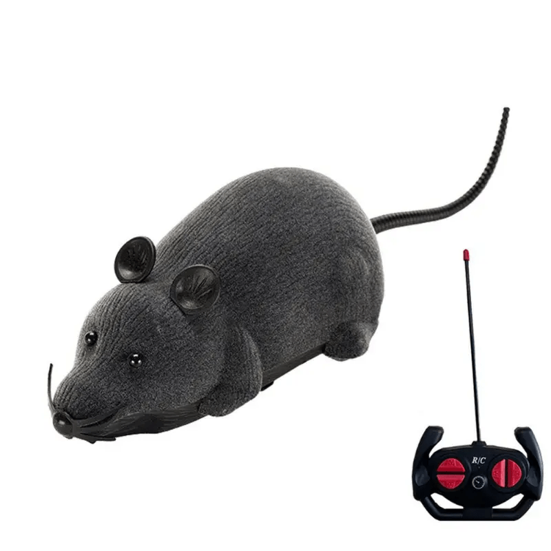 ScamperBot remote-control mouse toy in grey with black wireless controller on white surface - interactive pet play gadget