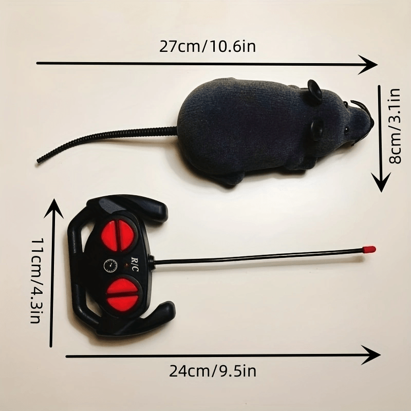 ScamperBot remote-controlled black mouse toy with controller showing product dimensions and size specifications