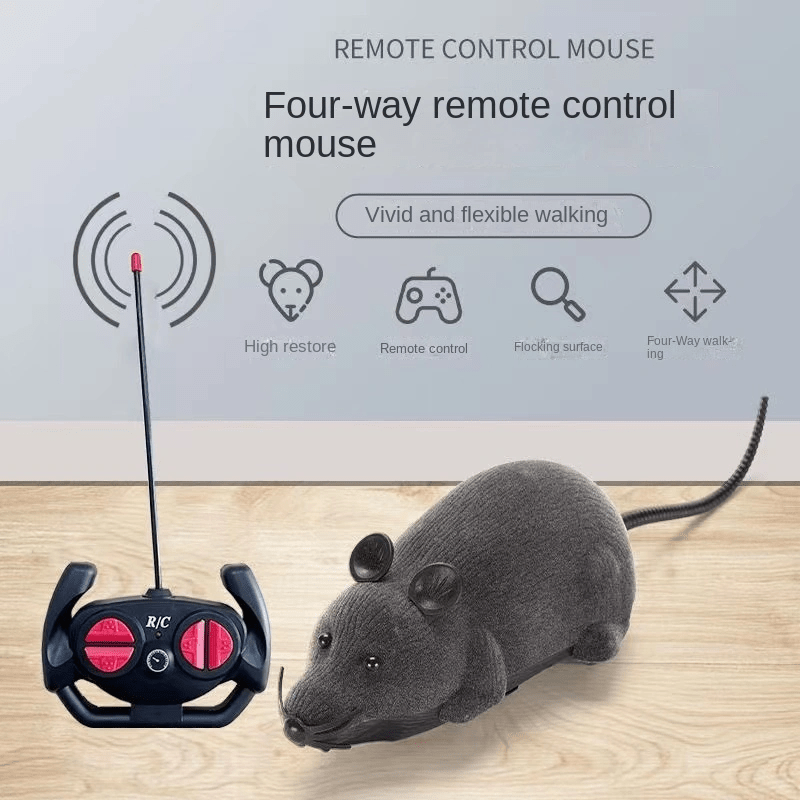 ScamperBot remote control mouse toy with black RC controller, featuring grey flocked mouse design on wooden floor