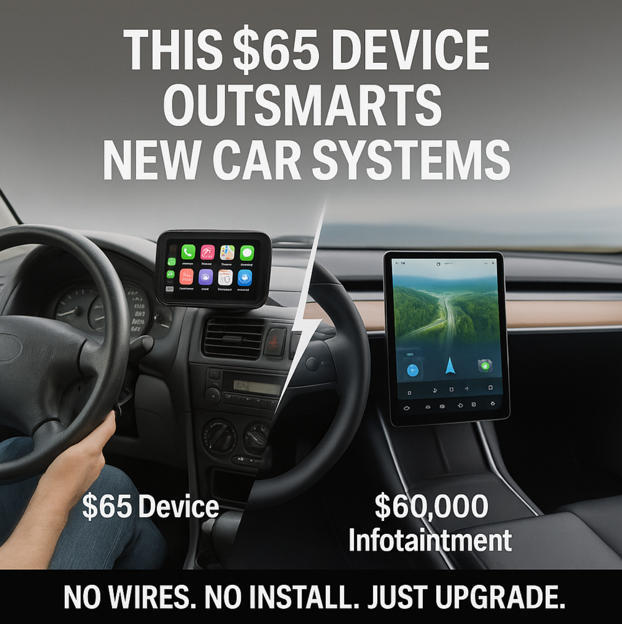 HighPeak DriveX wireless CarPlay display mounted on dashboard compared to built-in infotainment system - smart car upgrade