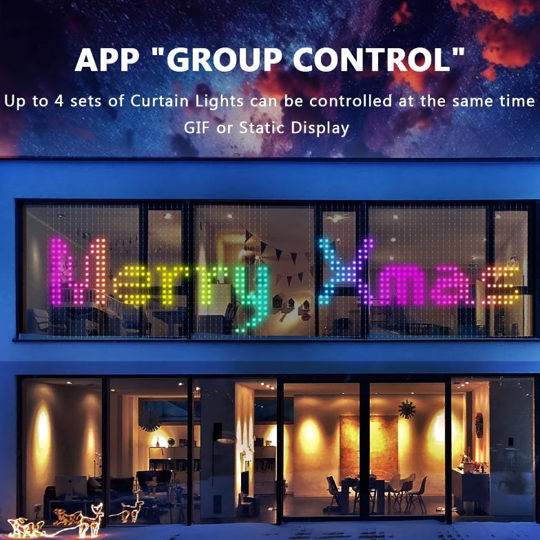 Pixel Curtain LED display showing colorful Merry Xmas text in storefront window with app group control feature demonstration