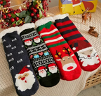 Festive Christmas socks featuring Santa, reindeer, and holiday patterns in black, red, and green with cozy sherpa lining