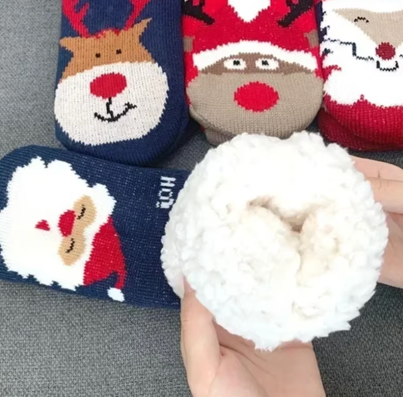Cozy Christmas socks featuring Santa, reindeer, and snowman designs with soft fleece lining - festive holiday wear