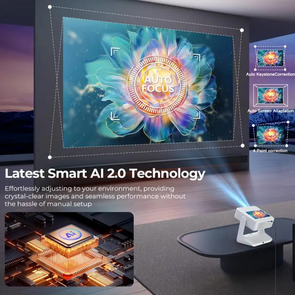 HighPeak FUSION projector showcasing AI 2.0 auto-focus technology with smart interface display and processor chipset