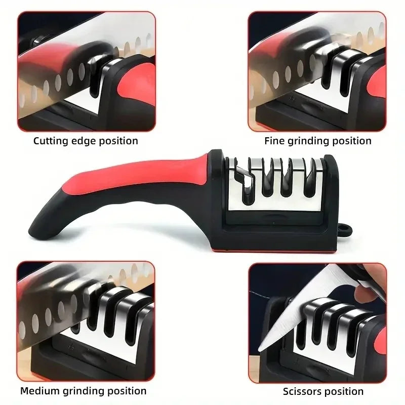HighPeak Knife Sharpener with black and red handle showing cutting, medium, fine grinding and scissors sharpening positions