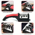 HighPeak Knife Sharpener with black and red handle showing cutting, medium, fine grinding and scissors sharpening positions