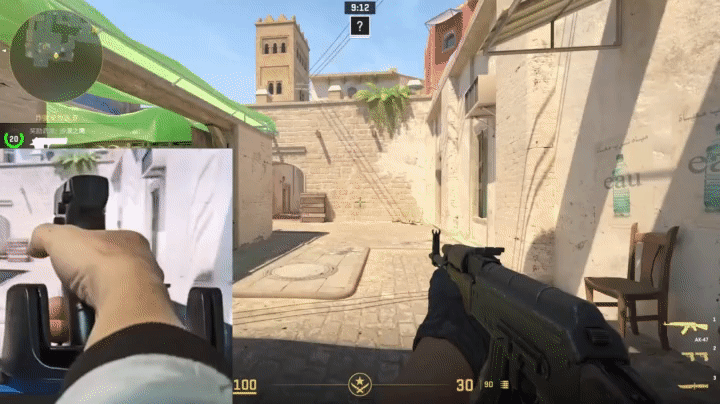 HighPeak RecoilMouse shown in use with FPS game, featuring vertical gun-style grip and trigger clicks for precise aiming.