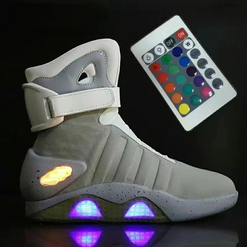 NeoVolt Sneakers in gray with LED lights on sole and side, shown with a multicolor remote control by HighPeak.