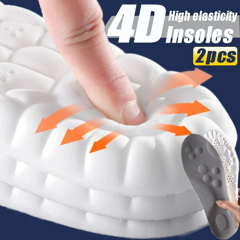 AirFlexx 4D Shock-Absorbing Shoe Insoles showing finger pressing into thick white cushioning with air flow arrows.