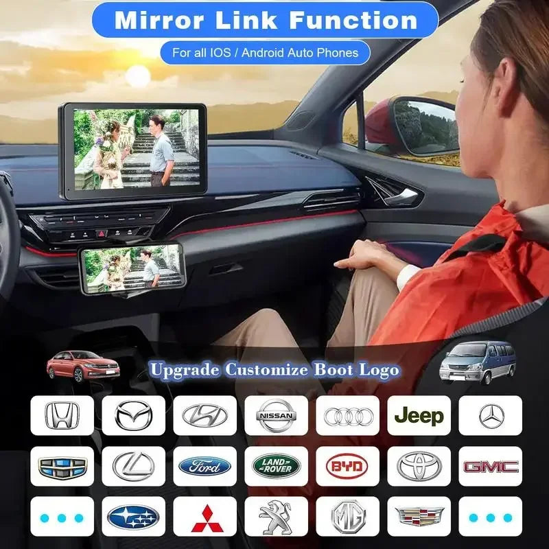 HighPeak Drive X 2.0 showing Mirror Link in a car interior with a man connecting smartphone to 7-inch touchscreen display