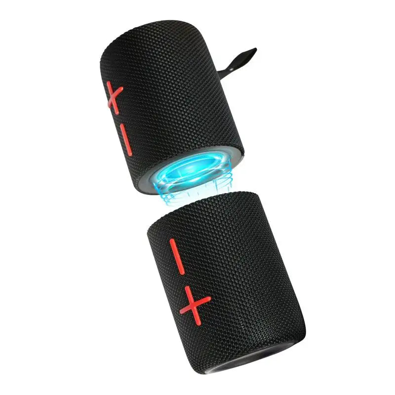 BoomSync - Magnetic 2-in-1 Bluetooth Speaker in black with red controls splitting to show magnetic stereo pairing by HighPeak