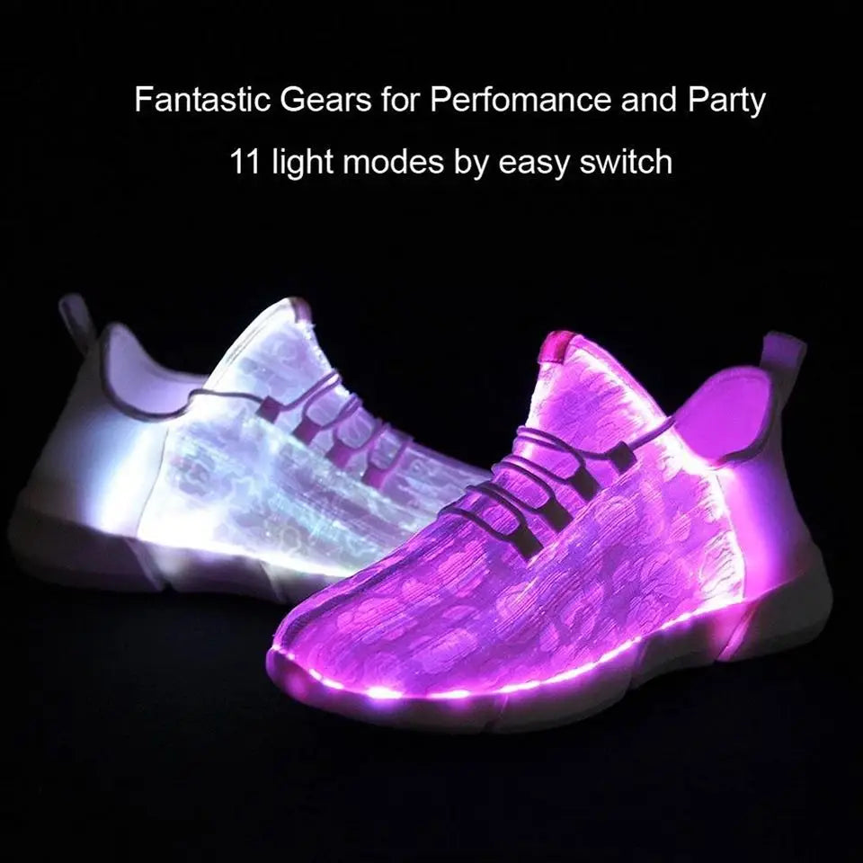 Glowstride Sneakers by HighPeak glowing purple and white with fiber optic LED light modes in a dark setting