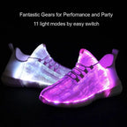 Glowstride Sneakers by HighPeak glowing purple and white with fiber optic LED light modes in a dark setting