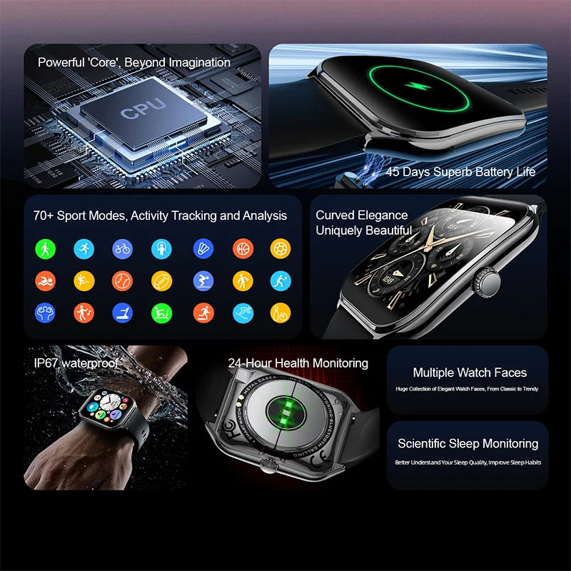 CoreOne Smart Watch by HighPeak showcasing thin design, AMOLED screen, fitness modes, waterproof, health monitoring, and long battery life.