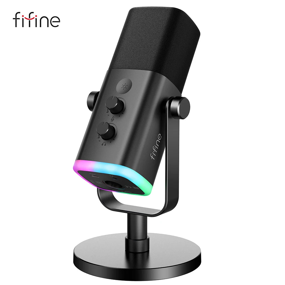 Arcwave Mic in black with RGB lighting on adjustable desk stand, featuring mute and gain dials by HighPeak