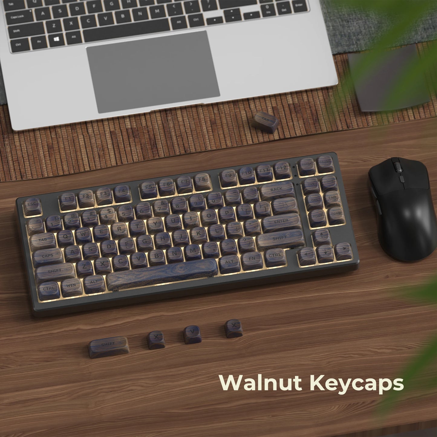 HighPeak Dark Walnut Keycap Set on mechanical keyboard with wooden desk, showcasing artisan walnut texture and Cherry MX compatibility