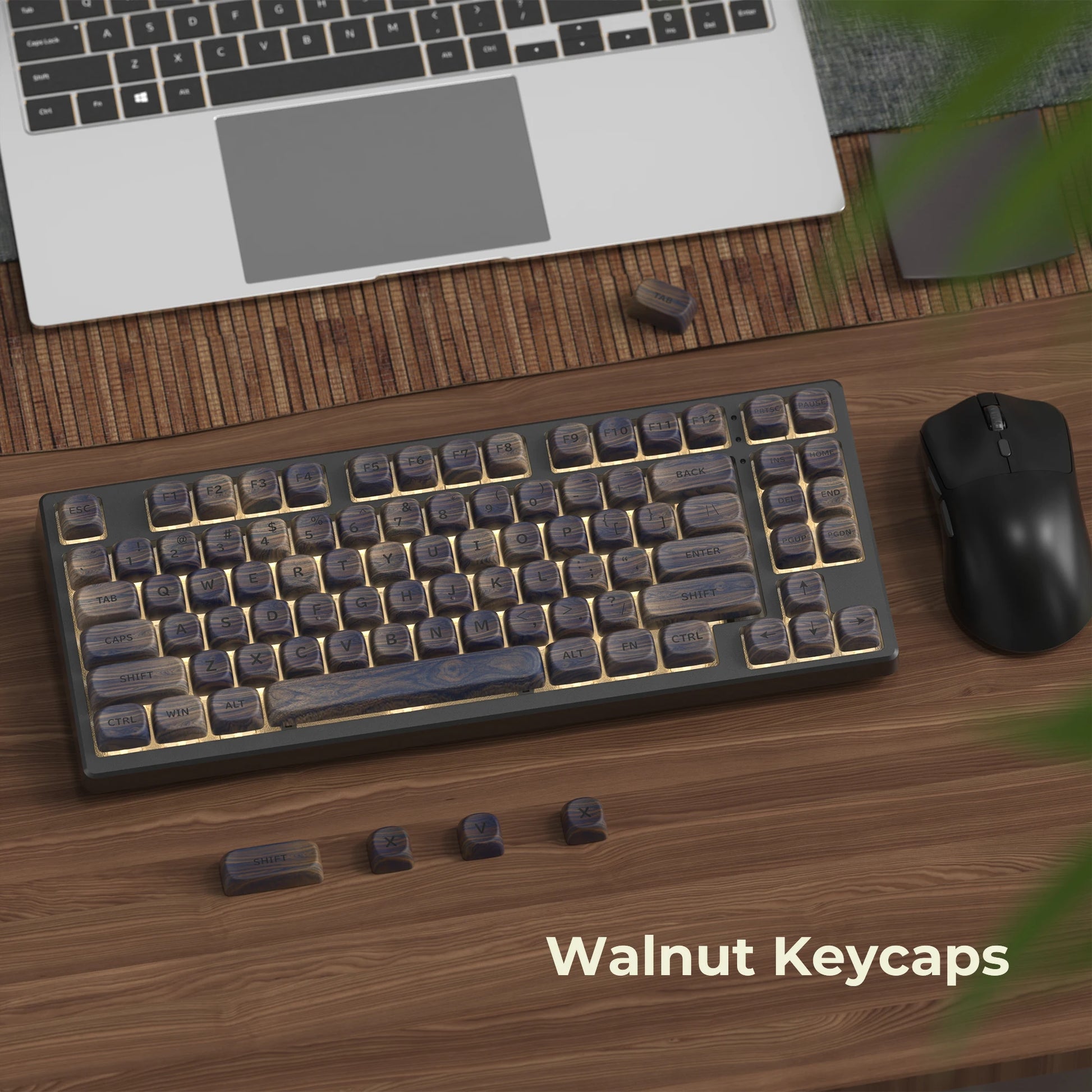 HighPeak Dark Walnut Keycap Set on mechanical keyboard with wooden desk, showcasing artisan walnut texture and Cherry MX compatibility