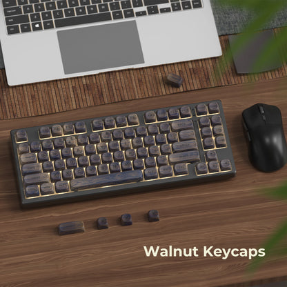 HighPeak Dark Walnut Keycap Set on mechanical keyboard with wooden desk, showcasing artisan walnut texture and Cherry MX compatibility