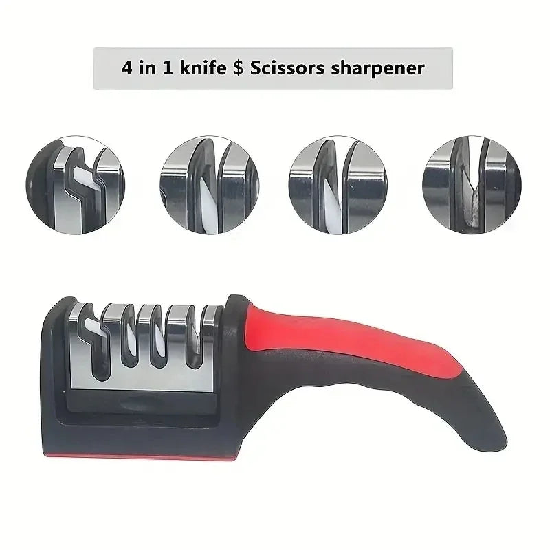 HighPeak Knife Sharpener in black and red with ergonomic grip and four sharpening slots for knives and scissors