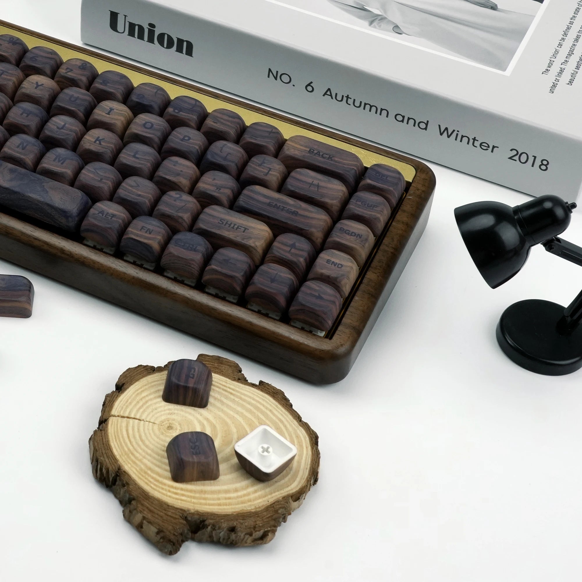 HighPeak Dark Walnut Keycap Set on wooden frame keyboard with artisan wood texture and custom PBT keys in stylish workspace.