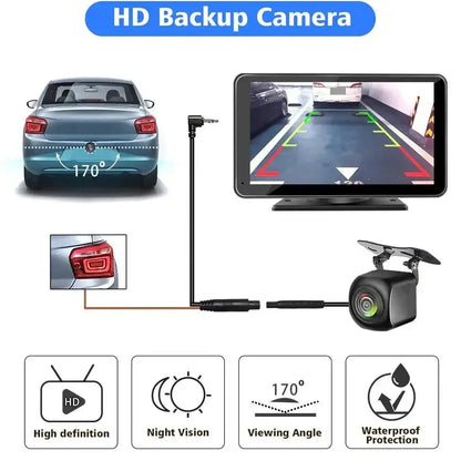 HighPeak Drive X 2.0 showcasing a 7" touchscreen with HD backup camera and 170° wide viewing angle in a vehicle setting