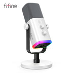 Arcwave Mic in silver with RGB lighting on white stand, featuring USB and XLR outputs for streaming and podcasting by HighPeak.