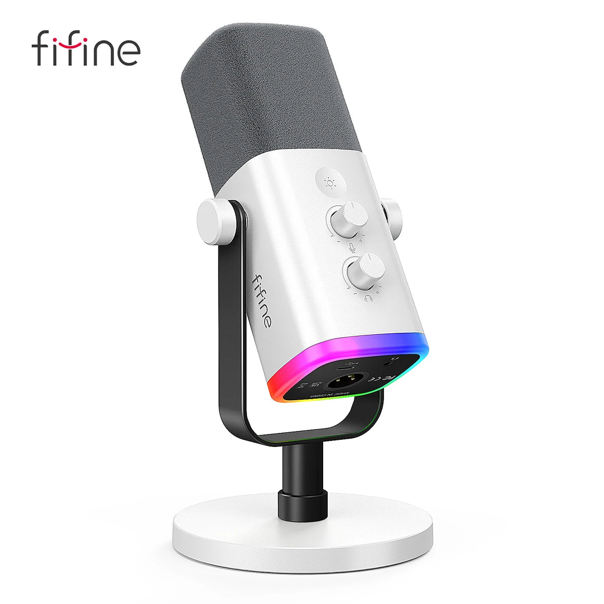 Arcwave Mic in silver with RGB lighting on white stand, featuring USB and XLR outputs for streaming and podcasting by HighPeak.