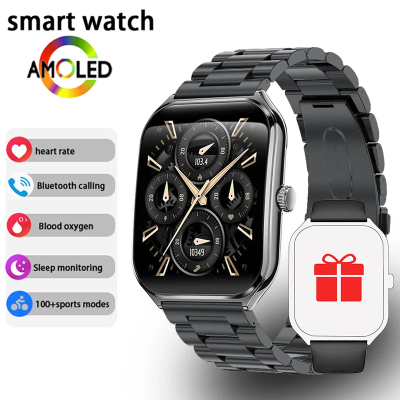 CoreOne Smart Watch by HighPeak in black with AMOLED display showing fitness stats and a gift icon on another wristband.