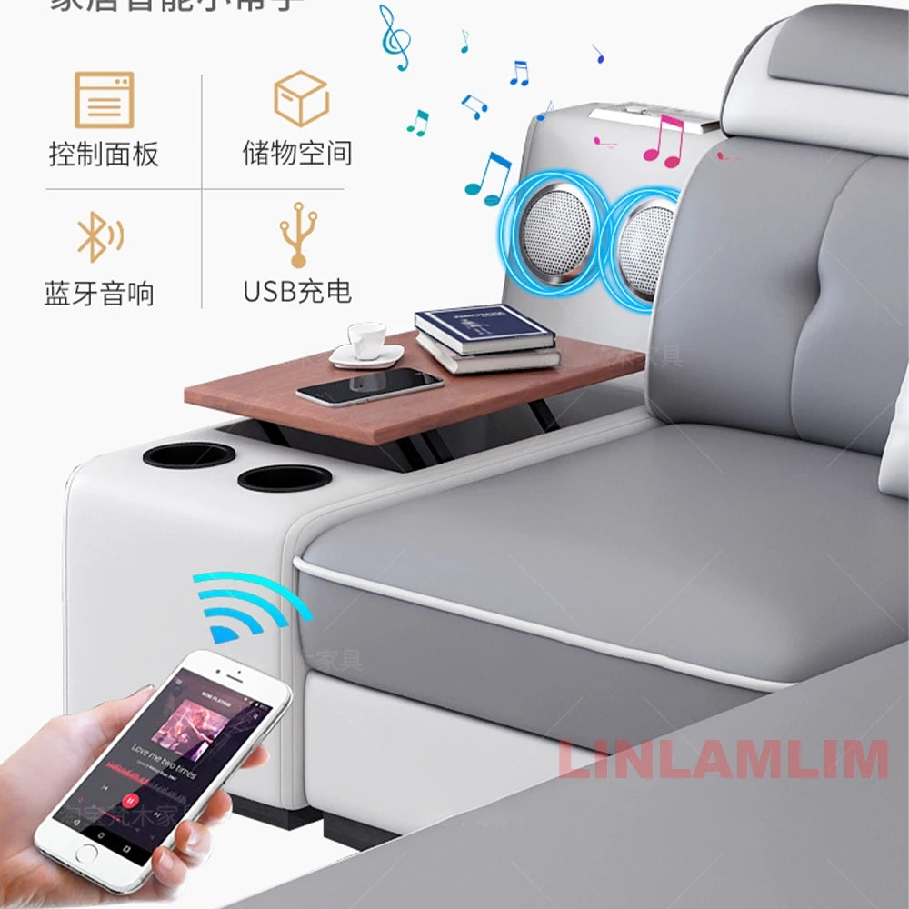 HighPeak Modern Tech Sofa in gray with built-in Bluetooth speakers, USB charging ports, cupholders, and a wooden tray table.