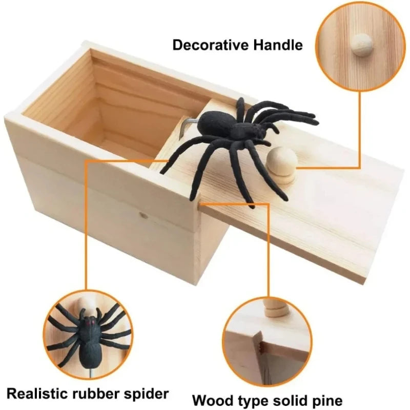 HighPeak Wooden Spider Prank Box in natural pine with realistic rubber spider and sliding lid for spooky surprise gifts