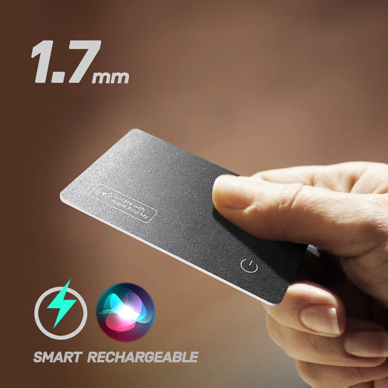 HighPeak Smart Tracker Card in black held between fingers showing slim 1.7mm rechargeable design with smart tracking features.