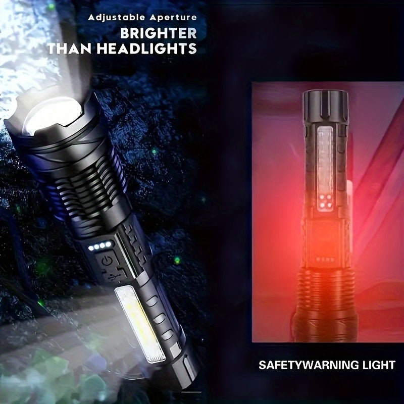ShadowBreaker tactical flashlight demonstrating dual-beam functionality with bright white and red safety modes in dark setting