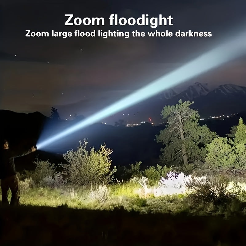 ShadowBreaker tactical flashlight illuminating mountain landscape at night with powerful beam cutting through darkness