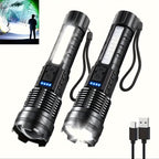 ShadowBreaker tactical flashlight two-pack with rechargeable LED beam, adjustable focus, and USB charging cable in black metal design