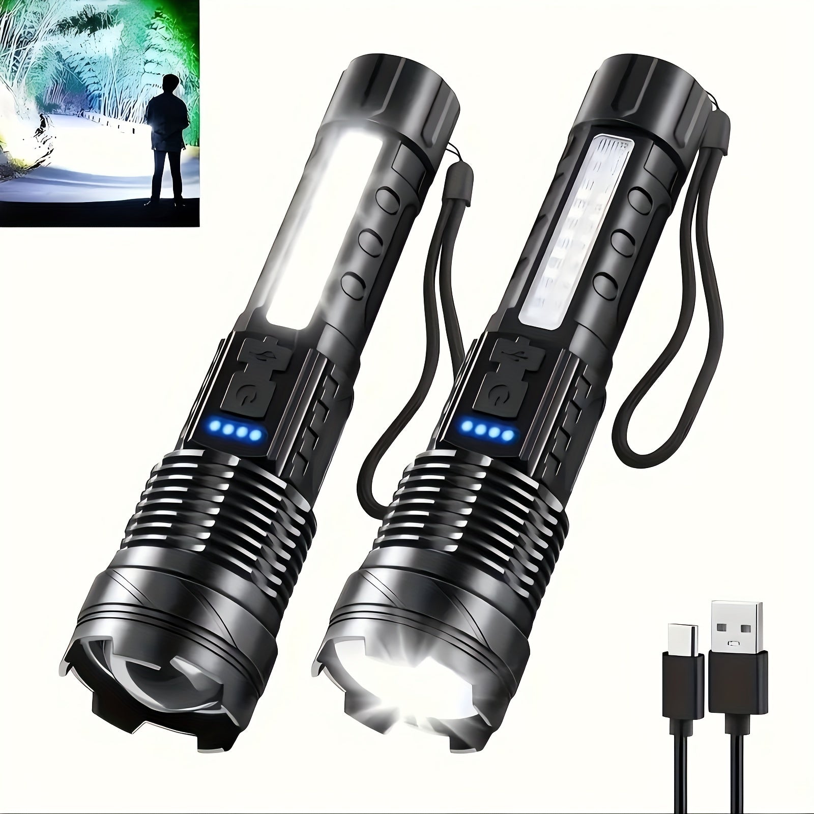 ShadowBreaker tactical flashlight two-pack with rechargeable LED beam, adjustable focus, and USB charging cable in black metal design