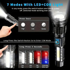ShadowBreaker tactical flashlight with 7 LED modes display - featuring high, low, strobe and COB light settings in black finish