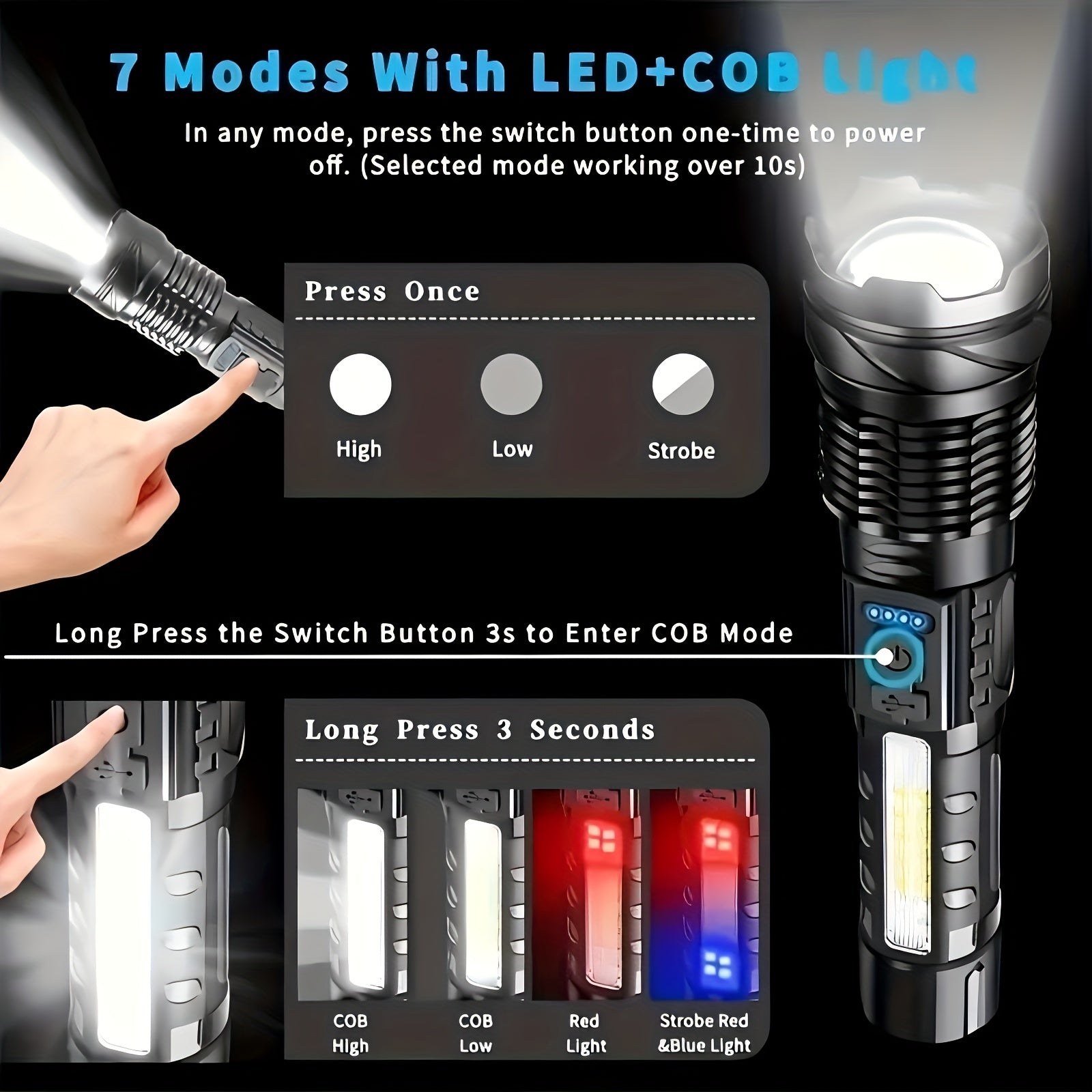 ShadowBreaker tactical flashlight with 7 LED modes display - featuring high, low, strobe and COB light settings in black finish