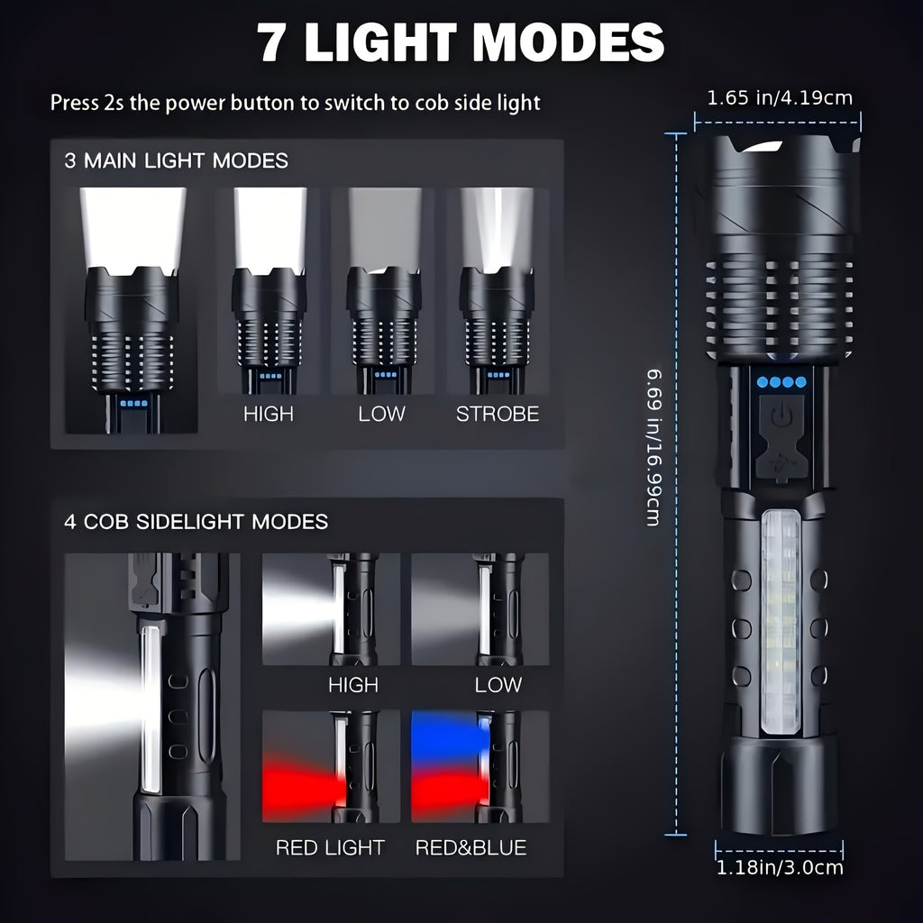 ShadowBreaker tactical flashlight with 7 lighting modes displayed, including high beam, strobe, and colored side lights