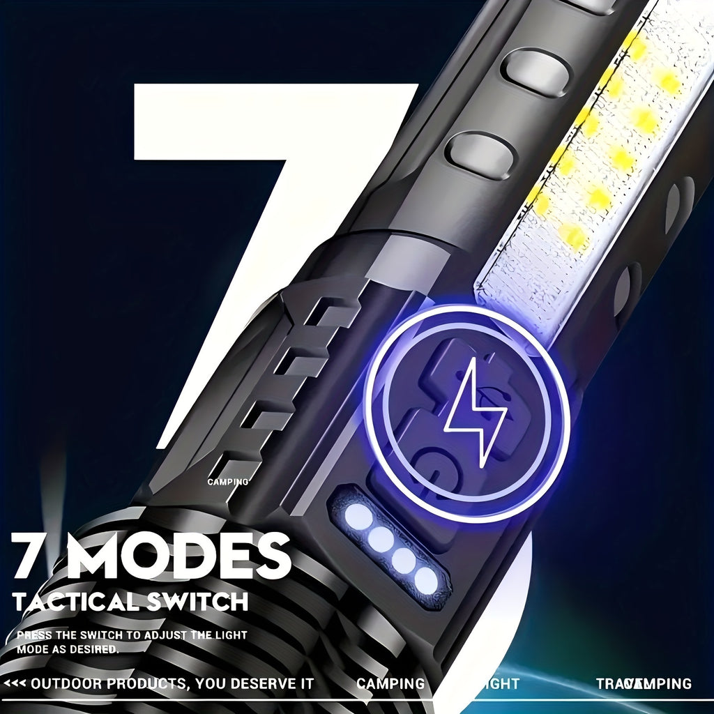 ShadowBreaker tactical flashlight with 7 modes displaying LED strip and mode selector switch on black background