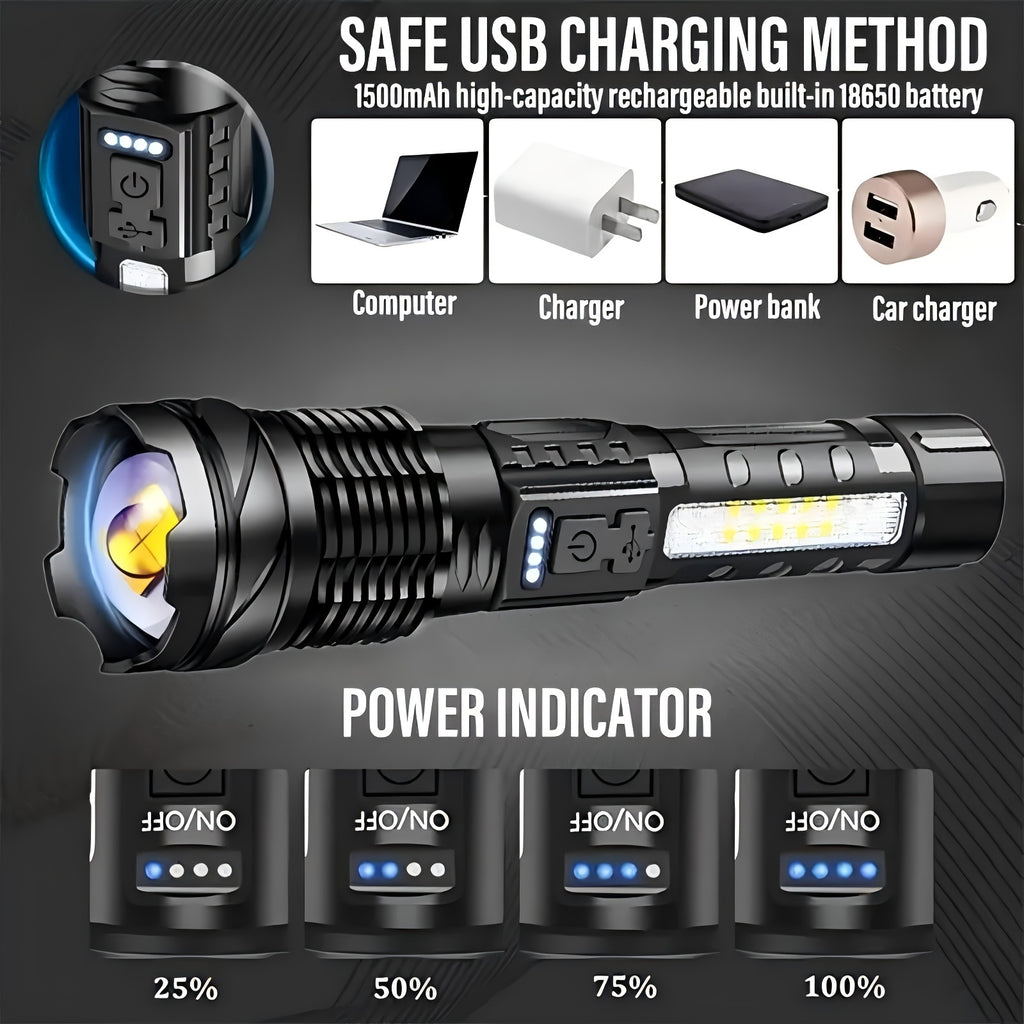 ShadowBreaker tactical flashlight with USB charging display, power indicator levels and multiple charging options in black metal design