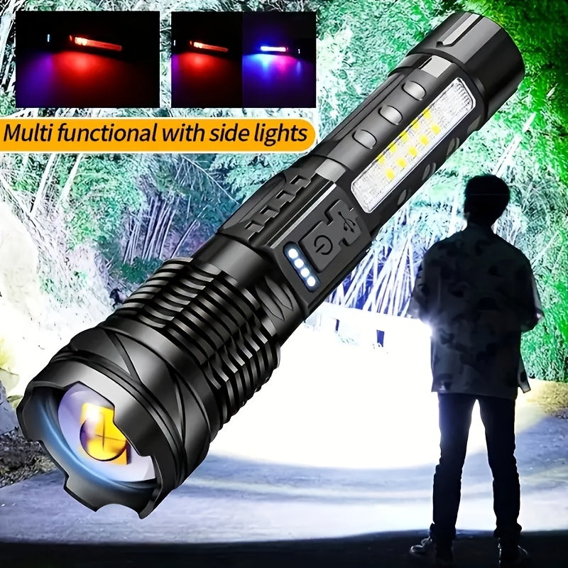 ShadowBreaker tactical flashlight with side LED strip showing multi-color modes and powerful beam in nighttime outdoor setting