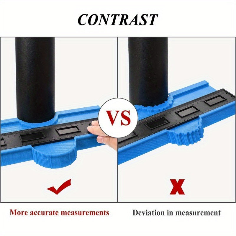 ShapeMaster Contour Gauge comparison showing precise vs imprecise measurements with black pipes on blue gauge frames