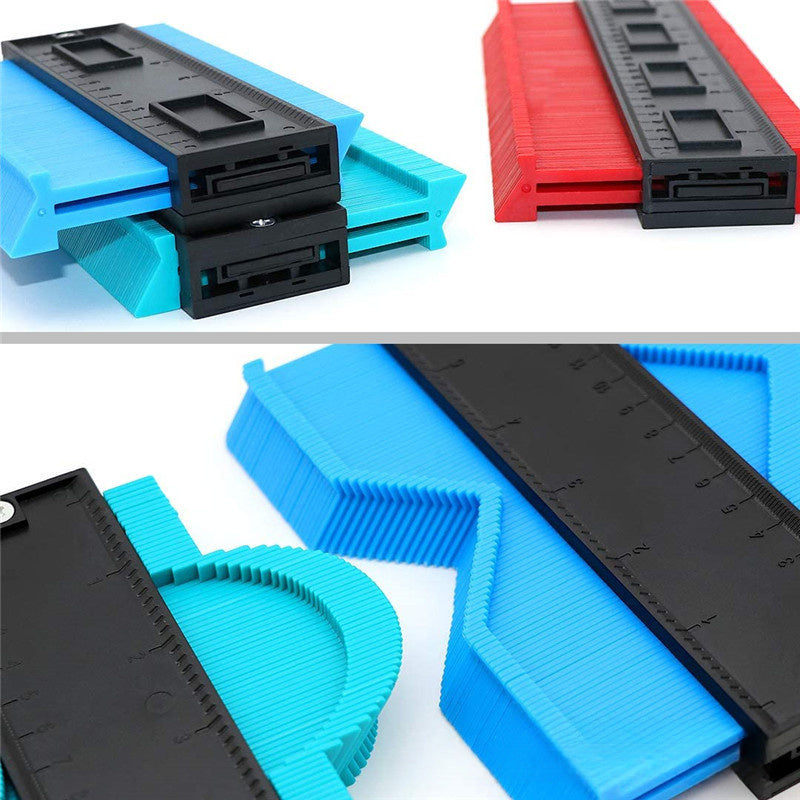 ShapeMaster Contour Gauge shown in blue and red with black measurement ruler - precision woodworking tool for edge copying