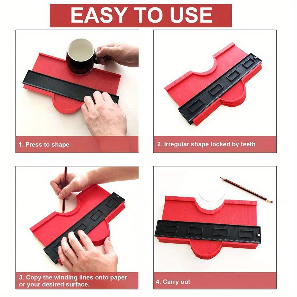 ShapeMaster Contour Gauge shown in red and black with 4-step usage demonstration for precise shape copying and tracing