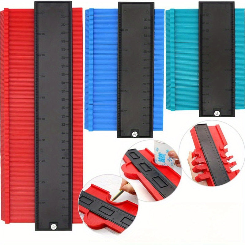 ShapeMaster Contour Gauge shown in red, blue, and teal colors with black measurement ruler - precision measuring tool display