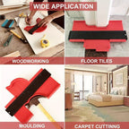 ShapeMaster Contour Gauge shown in red plastic measuring wood and tiles, demonstrating precise edge copying and flooring applications