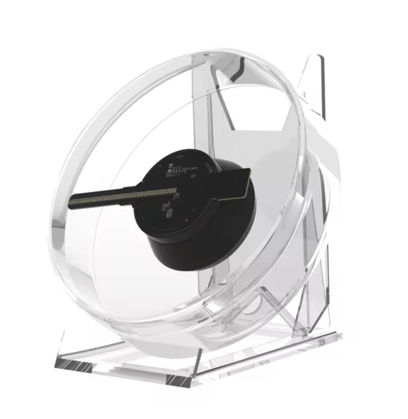 HighPeak AirAura holographic fan in transparent housing with black central unit on clear display stand