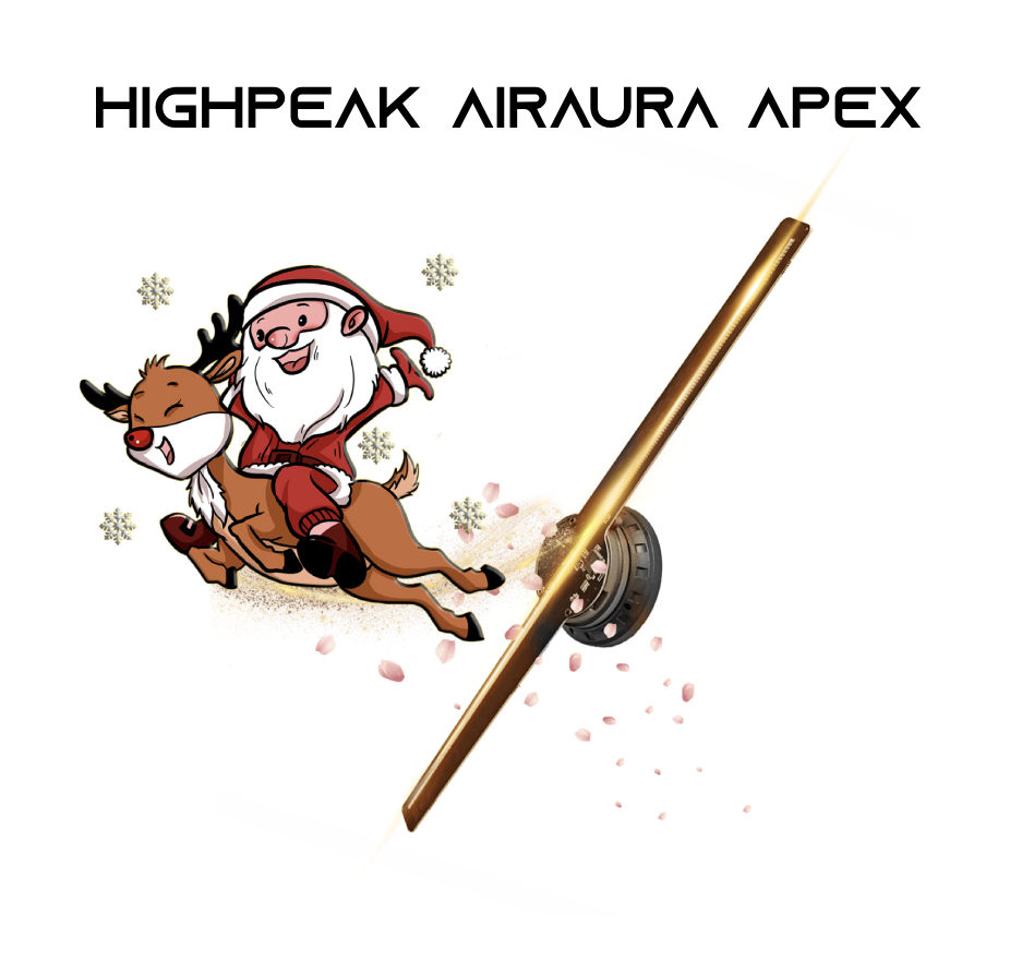 HighPeak AirAura Apex holographic fan displaying festive holiday animation with floating golden display rod